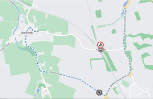 Map showing closed road and diversion via Stoke Road and A508 bypass.